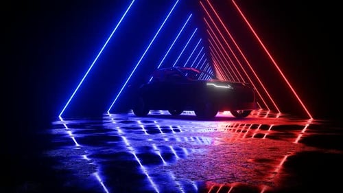 Black SUV Colorful Triangle Neon Light Tunnel Background