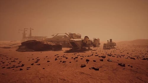 Mars Colony Under Construction with Exploration Vehicles and Equipment