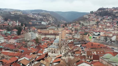 Aerial panorama of Sarajevo town on an overcast day