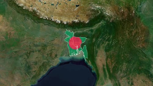 World Map Zoom to Bangladesh Country Outline and Flag Reveal