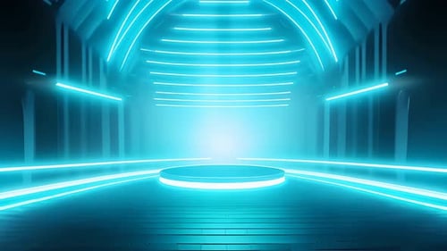 Glowing Neon Blue Stage with Futuristic Tunnel Background
