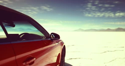 Modern Red Car Parked on Vast Desert Landscape