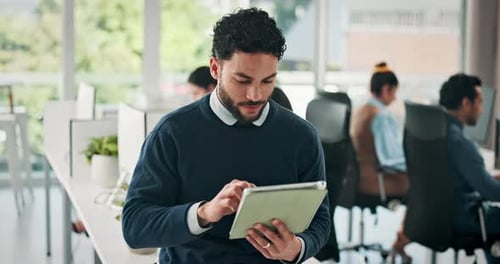 Media agency, tablet and man in office, smile and story planning with submission email