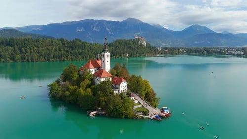 Aerial View of Tranquil Lake Bled Island with Majestic Bled Castle