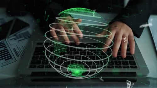 Hands Typing on Laptop with Green Digital Globe and Eco Icons Depicting Environmental Sustainability