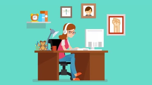 2D Flat Design Animation of a Person Working on a Computer