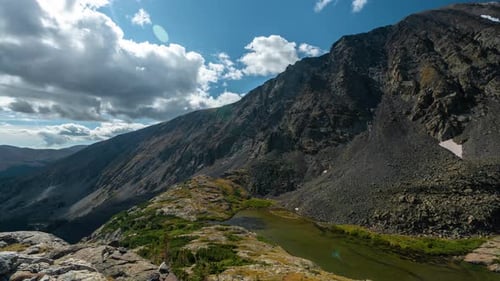Timelapse, Clouds and Shadows Moving Above Mountain Peaks and Alpine Lake. White River National Fore
