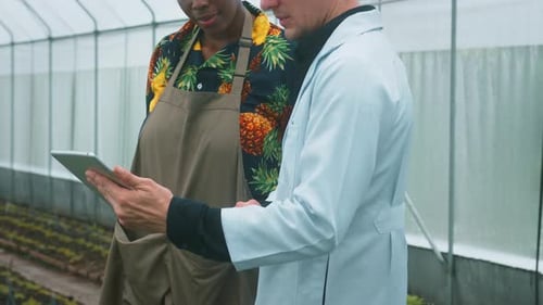 Scientist and Farmer Reviewing Crops on Tablet