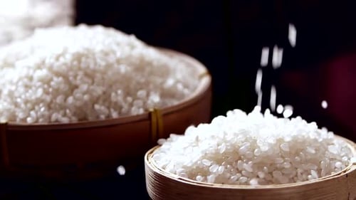 Pouring White Rice into Bowl Close Up