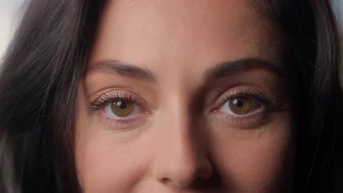Close Up Beautiful Eyes of Caucasian Happy Woman Female Indoors Businesswoman Business Lady Looking