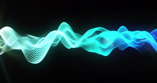 Abstract background blue wave from futuristic hi-tech waves dots pixel particles flying with glow ef