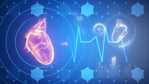 concepto de tecnología sanitaria, corazón con estructura alámbrica con señal de pulso y pantalla digital