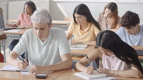 Group of Diverse Teenagers Students Taking an Exam in a Classroom Education Students in Class