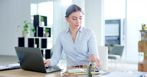 Phone call, happy and laptop with woman in office for networking, communication and contact