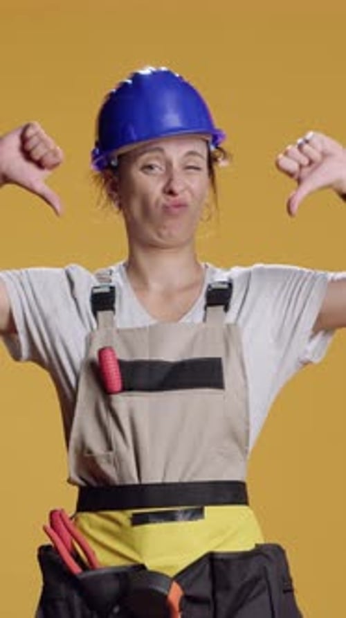 Woman Thumbs Down in Hardhat