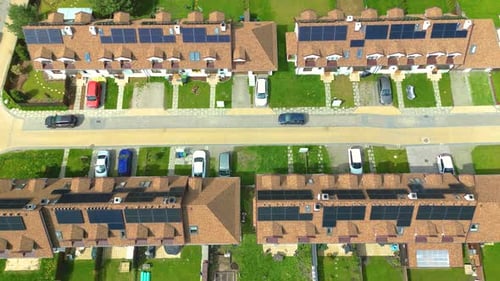 Village of Houses Residential. Solar panels renewable and sustainable energy Efficiency Drone Above