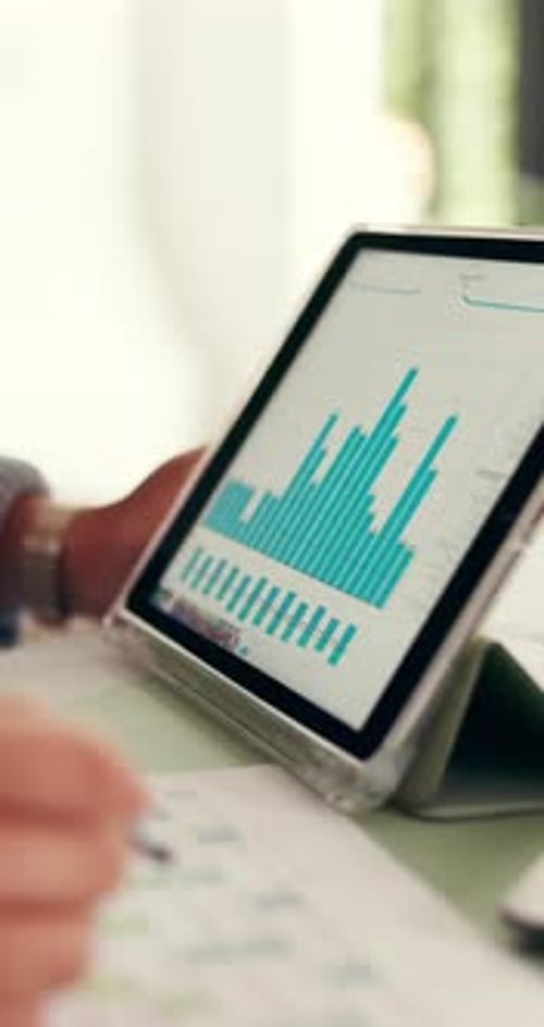 Tablet screen, hands or writing in office with chart, statistics or results for finance in sales