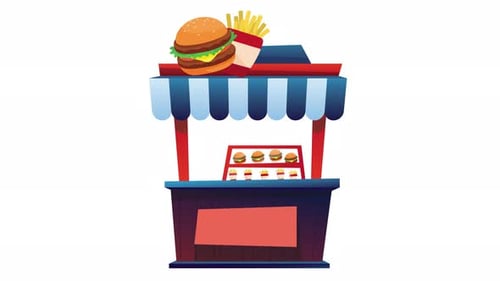 Fast Food Shop Stand with Hamburger and Fries Animation