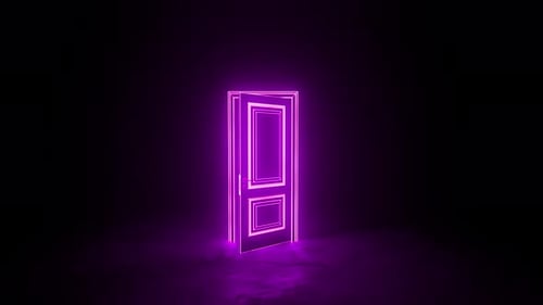 Glowing purple neon door opening on dark background