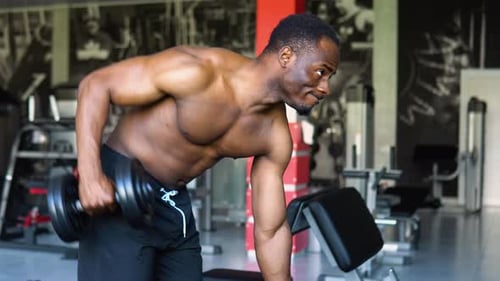 African American Shirtless Bodybuilder Training Arms and Back Muscles with Dumbbells at Modern Gym