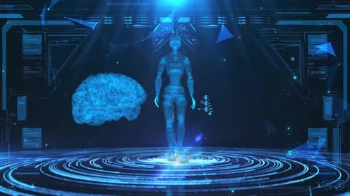 Futuristic AI Human Brain Interface with HUD Elements