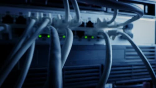 Close-up Macro Shot: Ethernet Cables Connected to Router Ports. Telecommunications: RJ45 Device Con