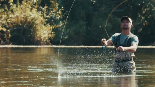 Angler Fishing on the River and Casting the Line
