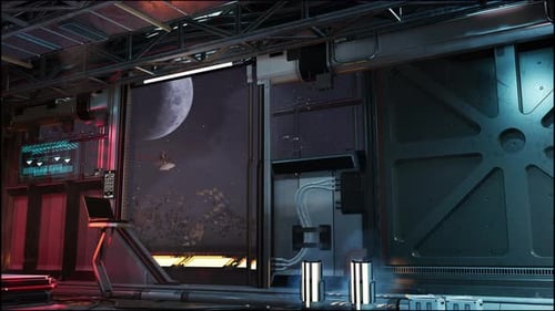 Futuristic Space Corridor With A View Of The Moon. 3D Animation