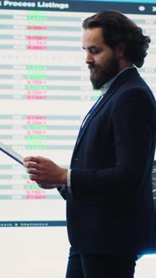 Vertical Video Chief Executive Officer Reviews Data Shown on Big Display in the Office