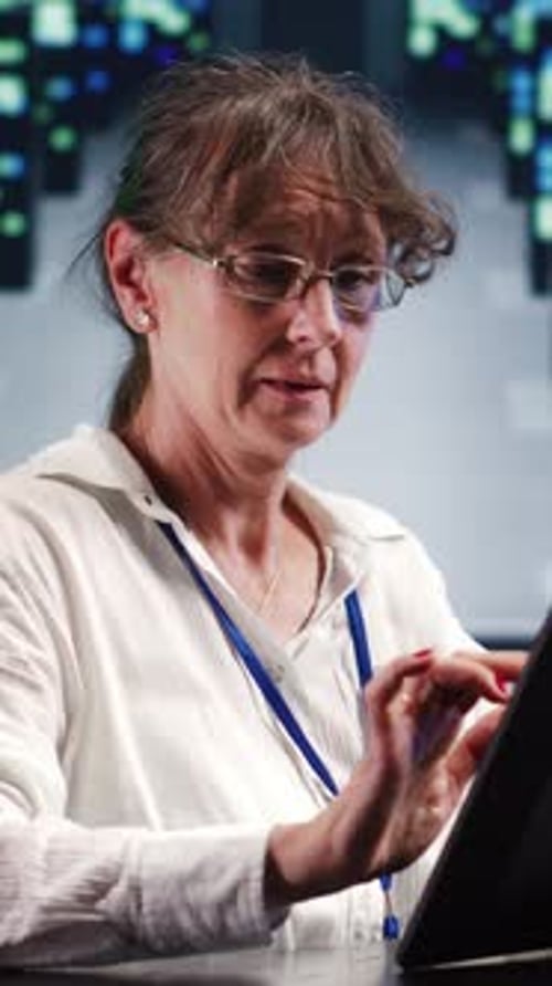 Woman Works on Tablet in Data Center