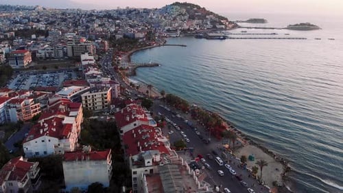 Drone view of Kusadasi beach at sunset