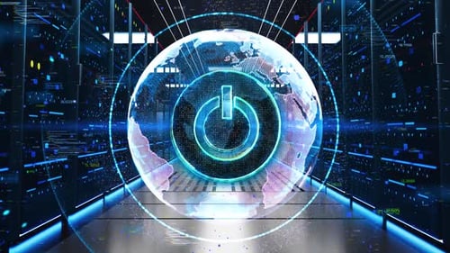Power Button Icon Moving Through Rack Servers in Data Center