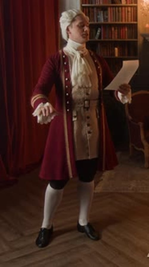 Vertical d'un gentilhomme poète du XVIIIe siècle récitant un poème lors d'une fête