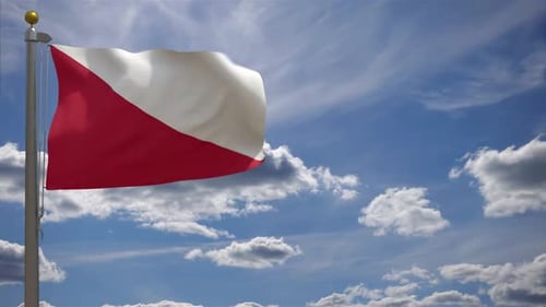 Red and White Diagonal Flag Waving in Blue Sky