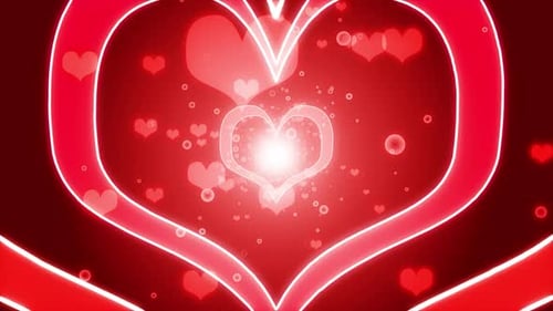 Seamless Loop Red Glowing Neon Heart Tunnel Background