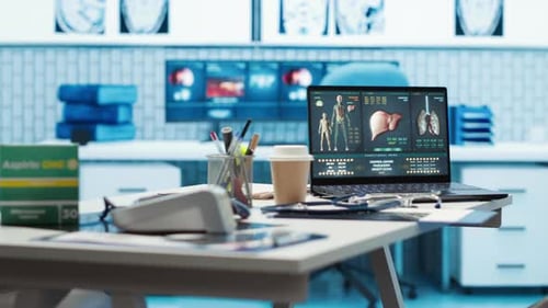 Empty Doctor Office Featuring Modern Medical Equipment and Drugs