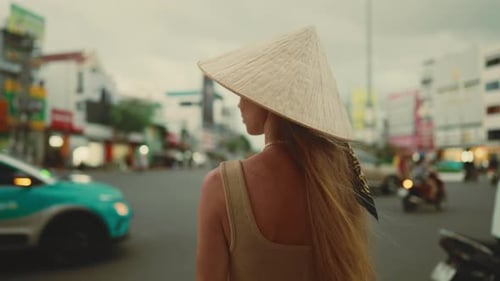 Summer Trip to Central Asia Young Adult Woman in City Center in Vietnam Beautiful Lady Traveling and