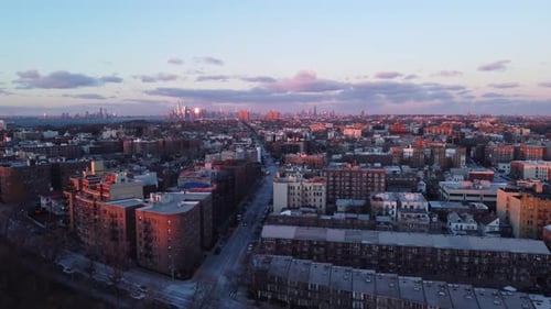 Beautiful sunset color reflecting on Bay Ridge neighborhood of Brooklyn and Lower Manhattan New York