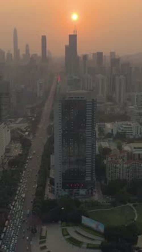 Shenzhen City at Sunset China Aerial Drone Shot Vertical Video
