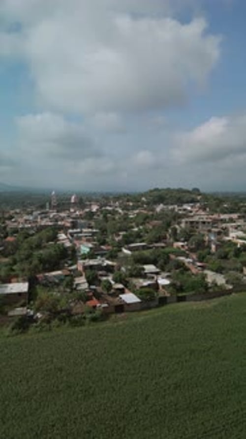 Panoramic view of the town: La Quemada; small community in Guanajuato, Mexico. Green field.