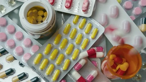 Close-Up of Pills and Tablets Falling Down on the Table with Medications