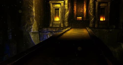 Ancient Temple Illuminated By Mysterious Lights in a Shadowy Cavern