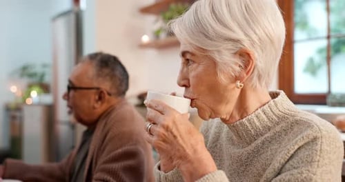 Tea party, elderly friends and conversation with an old woman in a retirement home for bonding