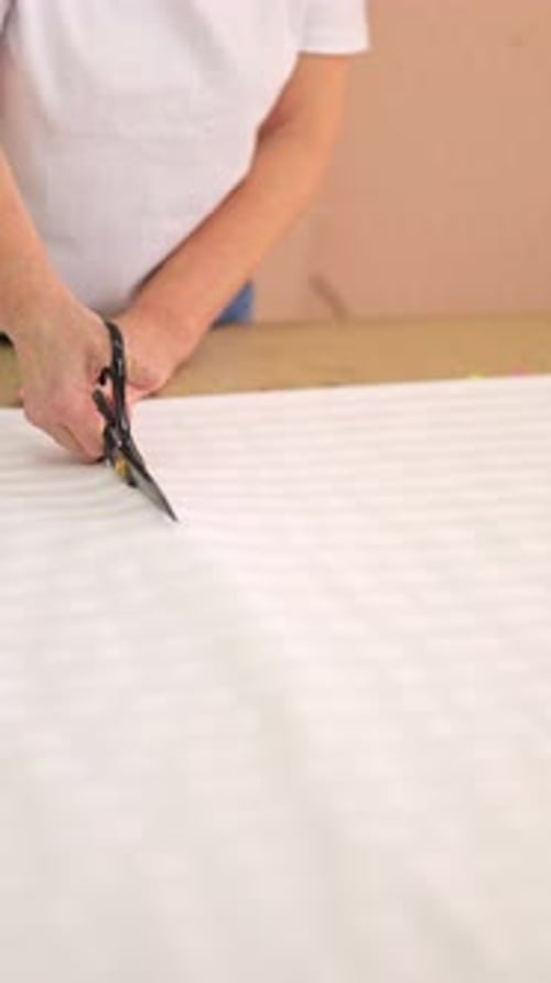 Hands Cutting White Fabric with Sharp Scissors Tailor Workshop Garment Design