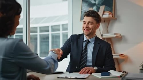 Happy Ceo Shaking Hands with Woman Partner at Corporate Office Meeting Closeup