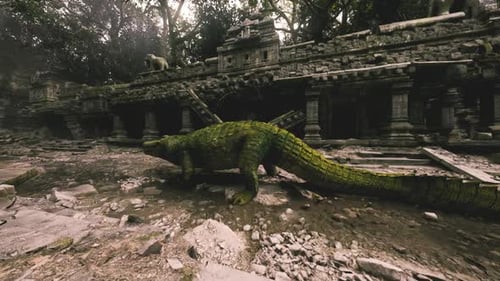 Crocodile Navigating Over Ancient Ruins in a Dense Jungle Setting