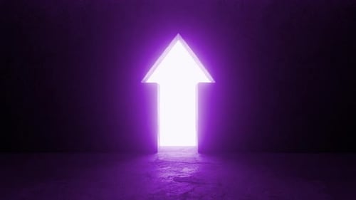 Upward arrow shaped door opening into bright light, purple walls