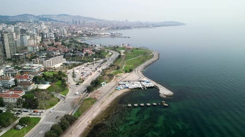 Istanbul Suadiye Park at the Marmara sea shore, fly above the shore drone shot
