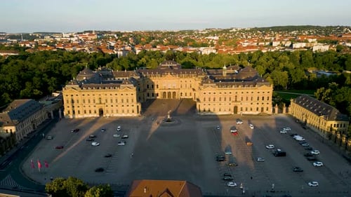 4K Aerial Drone Video of the Franconia Fountain in front of the Historic Residence Palace in Würzbur
