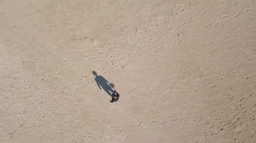Aerial view of an unknown man using a Metal detector on a beach.